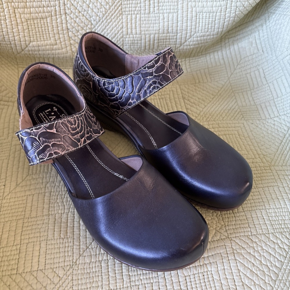 La Artiste Spring Step Gloss Pansy Mary Jane Shoes Brown EUR 38 US 7.5 Adj Strap